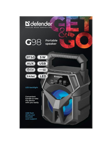 Defender głośnik g98 bluetooth 5w bt/fm/tf/usb/aux/led 65098