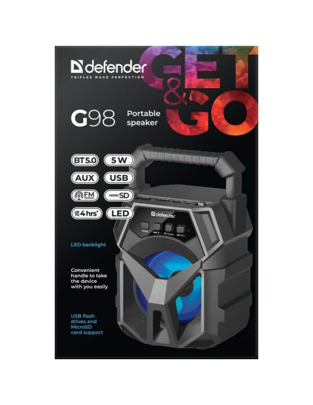Defender głośnik g98 bluetooth 5w bt/fm/tf/usb/aux/led 65098