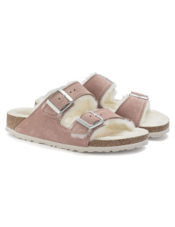 Klapki ocieplane birkenstock arizona suede leather shearling pink clay laf wąskie narrow (1023258)