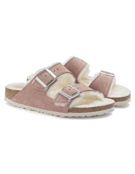 Klapki ocieplane birkenstock arizona suede leather shearling pink clay laf wąskie narrow (1023258)