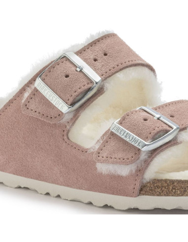 Klapki ocieplane birkenstock arizona suede leather shearling pink clay laf wąskie narrow (1023258)