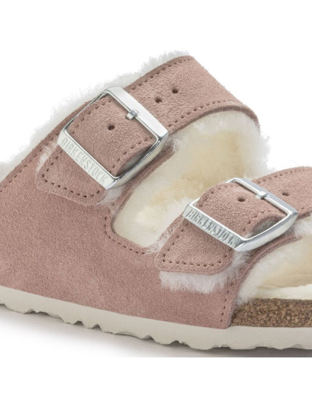Klapki ocieplane birkenstock arizona suede leather shearling pink clay laf wąskie narrow (1023258)