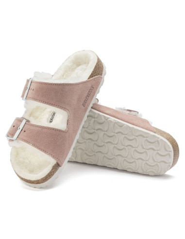 Klapki ocieplane birkenstock arizona suede leather shearling pink clay laf wąskie narrow (1023258)