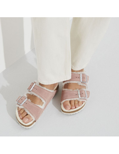 Klapki ocieplane birkenstock arizona suede leather shearling pink clay laf wąskie narrow (1023258)