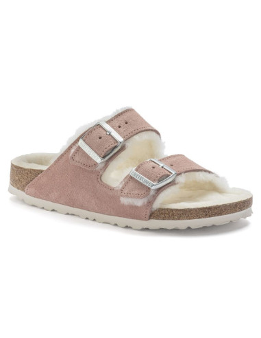 Klapki ocieplane birkenstock arizona suede leather shearling pink clay laf wąskie narrow (1023258)