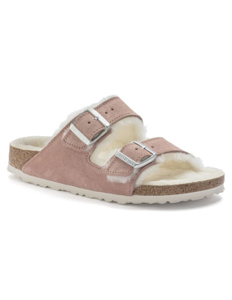 Klapki ocieplane birkenstock arizona suede leather shearling pink clay laf wąskie narrow (1023258)