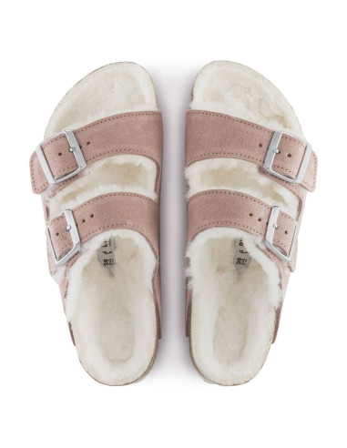 Klapki ocieplane birkenstock arizona suede leather shearling pink clay laf wąskie narrow (1023258)