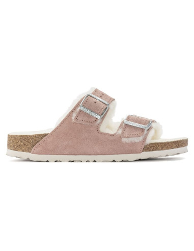Klapki ocieplane birkenstock arizona suede leather shearling pink clay laf wąskie narrow (1023258)