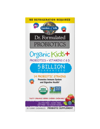 Organic Kids + Probiotics + Vitamins C & D - Smak Jagodowo-Wiśniowy (30 Tabl.)