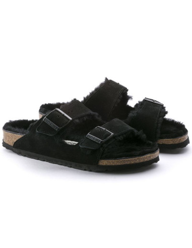 Klapki damskie ocieplane z wełną owczą birkenstock arizona vl shearling black skóra zamszowa regular szerokie (0752661)