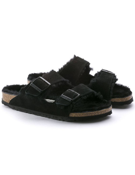 Klapki damskie ocieplane z wełną owczą birkenstock arizona vl shearling black skóra zamszowa regular szerokie (0752661)