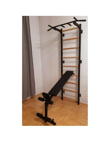 Drabinka gimnastyczna z drążkiem poręczą do ćwiczeń i ławeczką benchk 723b