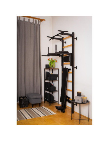 Drabinka gimnastyczna z drążkiem poręczą do ćwiczeń i ławeczką benchk 723b