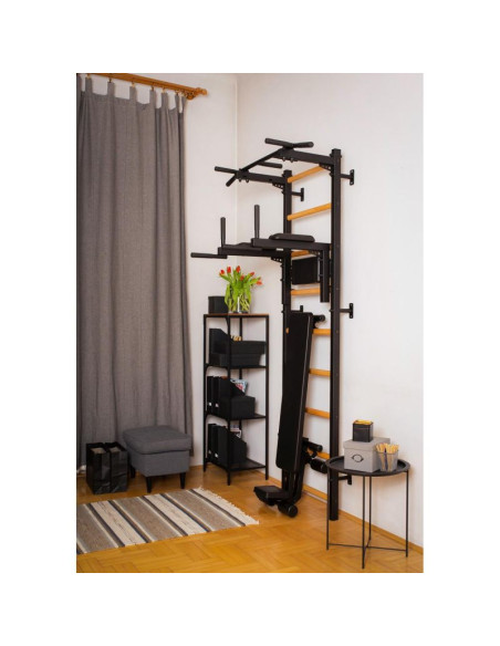 Drabinka gimnastyczna z drążkiem poręczą do ćwiczeń i ławeczką benchk 723b