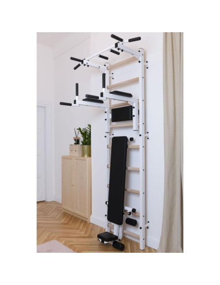 Drabinka gimnastyczna z drążkiem poręczą do ćwiczeń i ławeczką benchk 723w