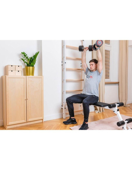 Drabinka gimnastyczna z drążkiem poręczą do ćwiczeń i ławeczką benchk 723w