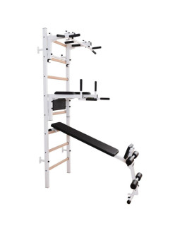 Drabinka gimnastyczna drewniano metalowa z drążkiem, ławką i akcesoriami benchk 233w