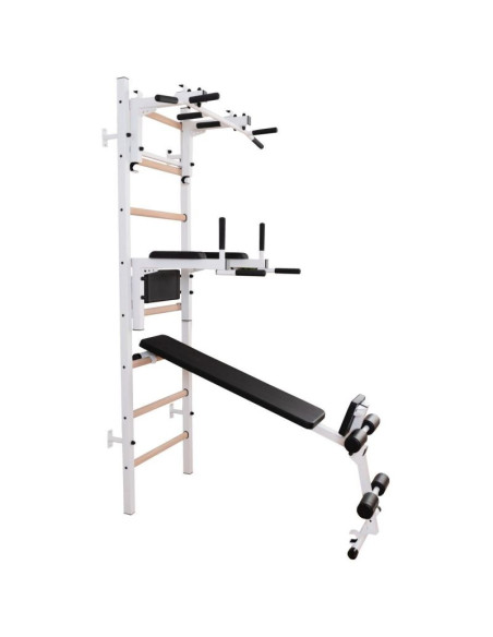 Drabinka gimnastyczna drewniano metalowa z drążkiem, ławką i akcesoriami benchk 233w