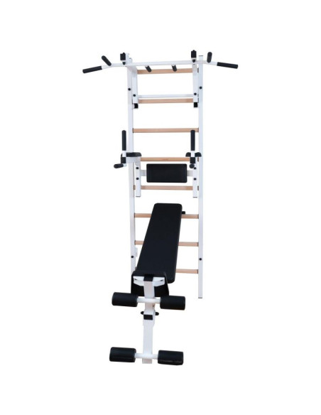 Drabinka gimnastyczna drewniano metalowa z drążkiem, ławką i akcesoriami benchk 233w