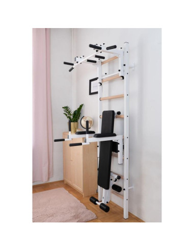 Drabinka gimnastyczna drewniano metalowa z drążkiem, ławką i akcesoriami benchk 233w