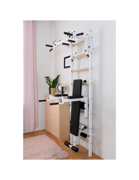 Drabinka gimnastyczna drewniano metalowa z drążkiem, ławką i akcesoriami benchk 233w