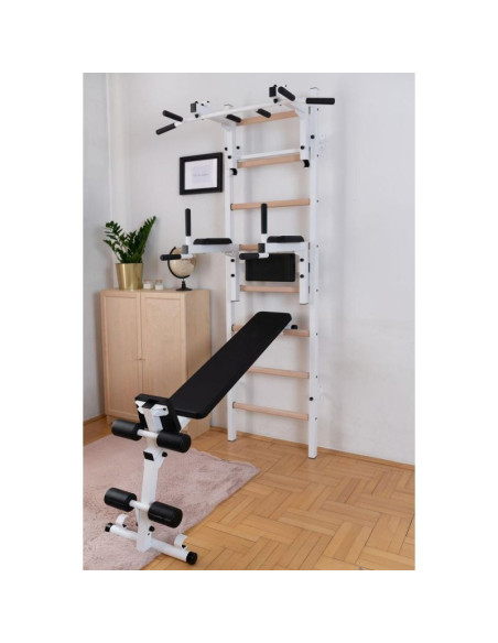Drabinka gimnastyczna drewniano metalowa z drążkiem, ławką i akcesoriami benchk 233w