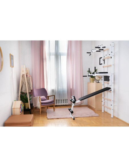 Drabinka gimnastyczna drewniano metalowa z drążkiem, ławką i akcesoriami benchk 233w