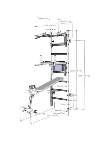 Drabinka gimnastyczna drewniano metalowa z drążkiem, ławką i akcesoriami benchk 233w