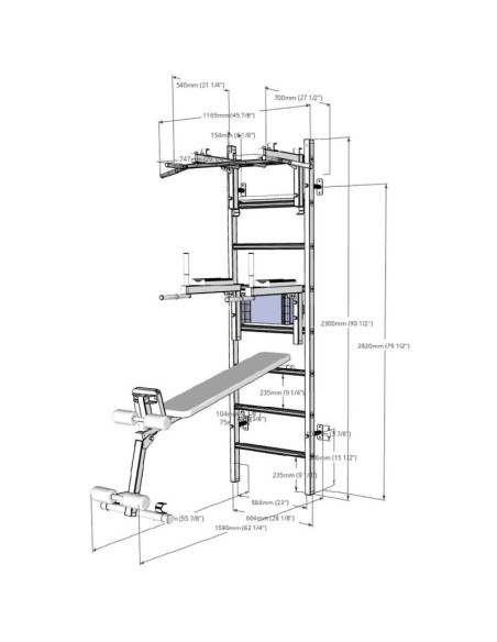 Drabinka gimnastyczna drewniano metalowa z drążkiem, ławką i akcesoriami benchk 233w