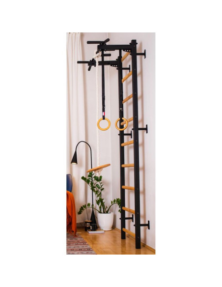 Drabinka gimnastyczna drewniano metalowa z metalowym drążkiem i akcesoriami dla dzieci benchk 721b a076