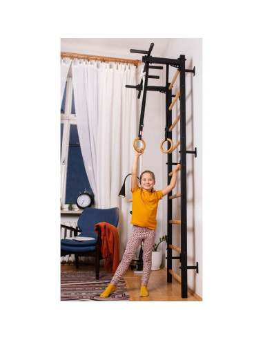 Drabinka gimnastyczna drewniano metalowa z metalowym drążkiem i akcesoriami dla dzieci benchk 721b a076