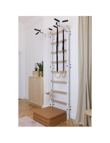 Drabinka gimnastyczna drewniano metalowa z metalowym drążkiem i akcesoriami dla dzieci benchk 721w a076