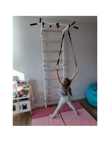 Drabinka gimnastyczna drewniano metalowa z metalowym drążkiem i akcesoriami dla dzieci benchk 721w a076