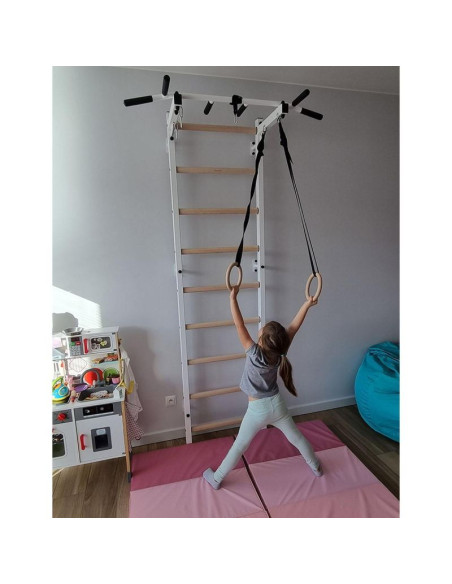 Drabinka gimnastyczna drewniano metalowa z metalowym drążkiem i akcesoriami dla dzieci benchk 721w a076