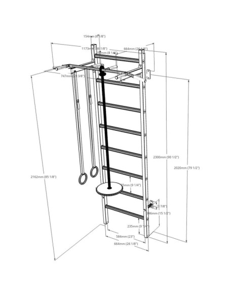 Drabinka gimnastyczna drewniano metalowa z drewnianym drążkiem i akcesoriami benchk 221w a204
