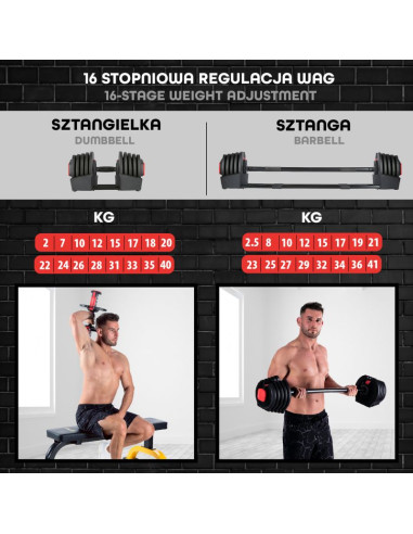 Zestaw regulowanych sztangielek hms sgr40 pro set 2w1 43,5 kg