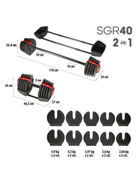 Zestaw regulowanych sztangielek hms sgr40 pro set 2w1 43,5 kg