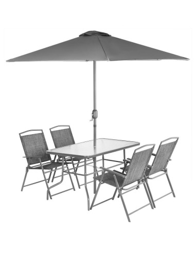 Zestaw mebli ogrodowych stół 4 krzesła i parasol szary