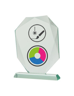 Trofeum szklane z nadrukiem kolorowym luxorjet, grawerowaniem oraz wypełnieniem farbą i etui