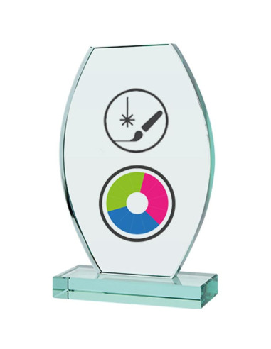 Trofeum szklane z nadrukiem kolorowym luxorjet, grawerowaniem oraz wypełnieniem farbą i etui