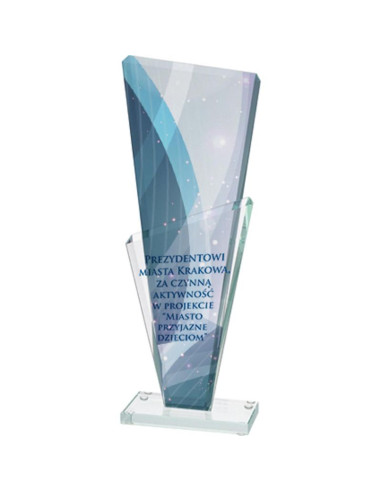 Trofeum szklane z nadrukiem kolorowym luxorjet, grawerowaniem oraz wypełnieniem farbą