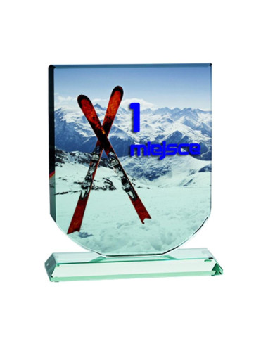 Trofeum szklane z nadrukiem kolorowym luxorjet, grawerowaniem oraz wypełnieniem farbą i etui