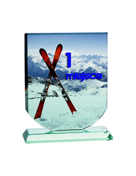 Trofeum szklane z nadrukiem kolorowym luxorjet, grawerowaniem oraz wypełnieniem farbą i etui