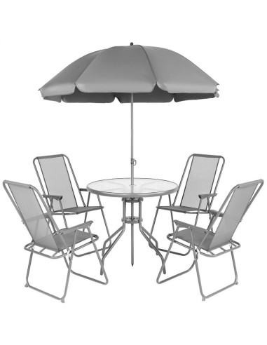 Zestaw mebli ogrodowych okrągły stół 4 krzesła i parasol ciemny szary