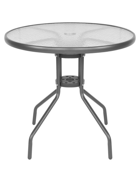 Zestaw mebli ogrodowych okrągły stół 4 krzesła i parasol ciemny szary