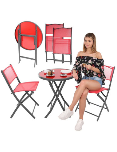 Zestaw mebli balkonowych stolik okrągły i 2 składane krzesła czerwony
