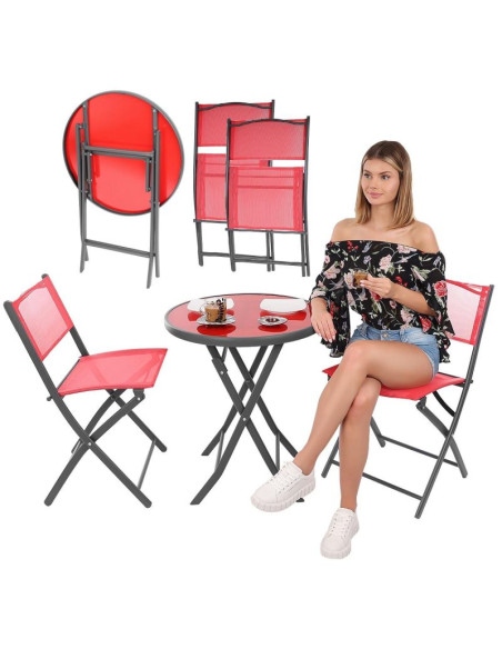 Zestaw mebli balkonowych stolik okrągły i 2 składane krzesła czerwony