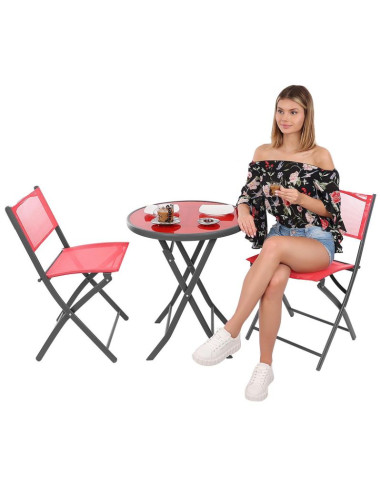 Zestaw mebli balkonowych stolik okrągły i 2 składane krzesła czerwony