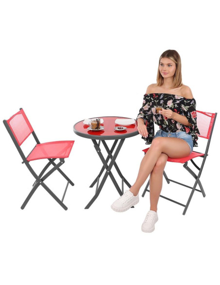 Zestaw mebli balkonowych stolik okrągły i 2 składane krzesła czerwony