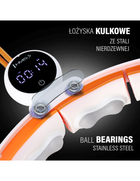 Hhm21 hula hop white/orange z magnesami, wypustkami tpe i obciążnikiem + licznik hms